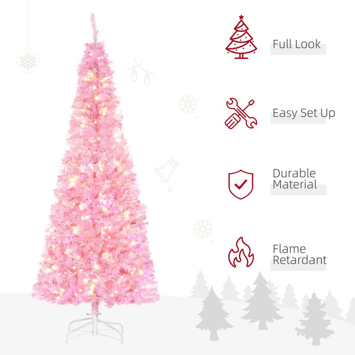 6FT Pre-lit Pink Artificial Christmas Tree - 300 LED Lights - Flame Retardant PVC - Easy Assembly - Metal Base Included