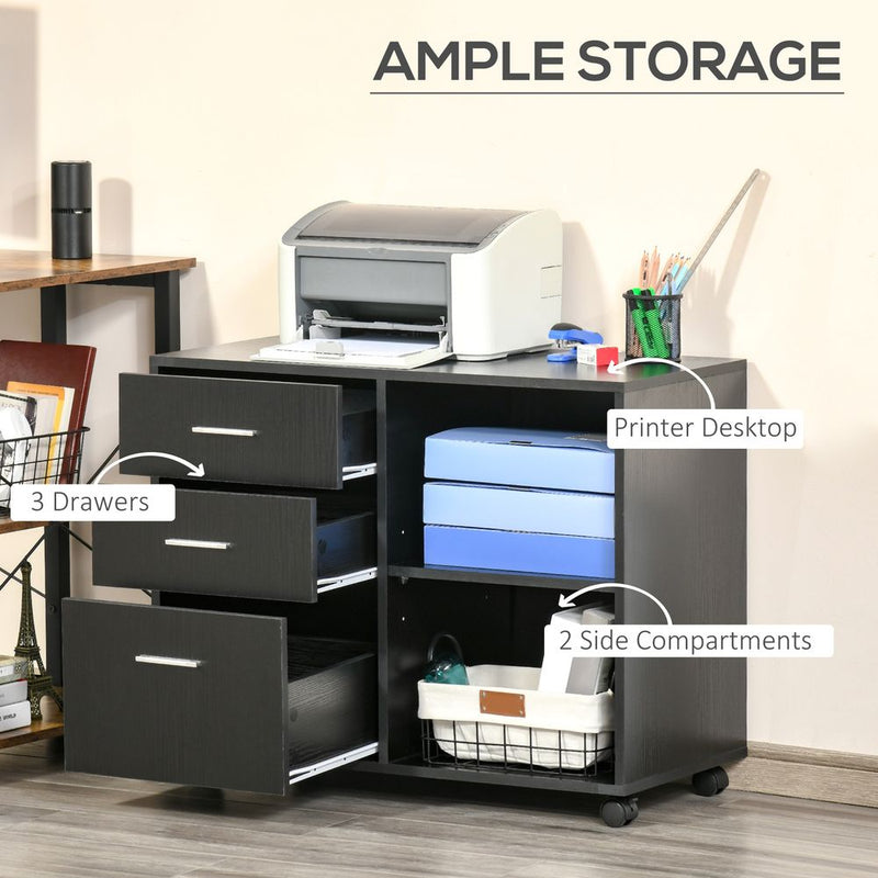 HOMCOM Freestanding Printer Stand Unit Office Desk Side Mobile Storage w/Wheels 3 Drawers, 2 Open Shelves Modern Style 80L x 40W x 65H cm - Black