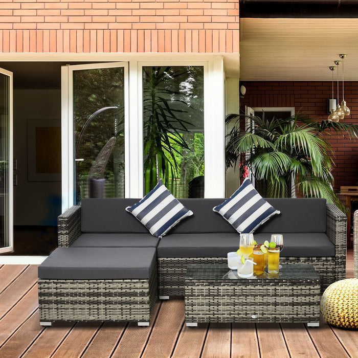 5PC Rattan Furniture Set - Wicker Sofa, Glass Table & Cushion Pillows - High-Quality Outdoor Patio Set