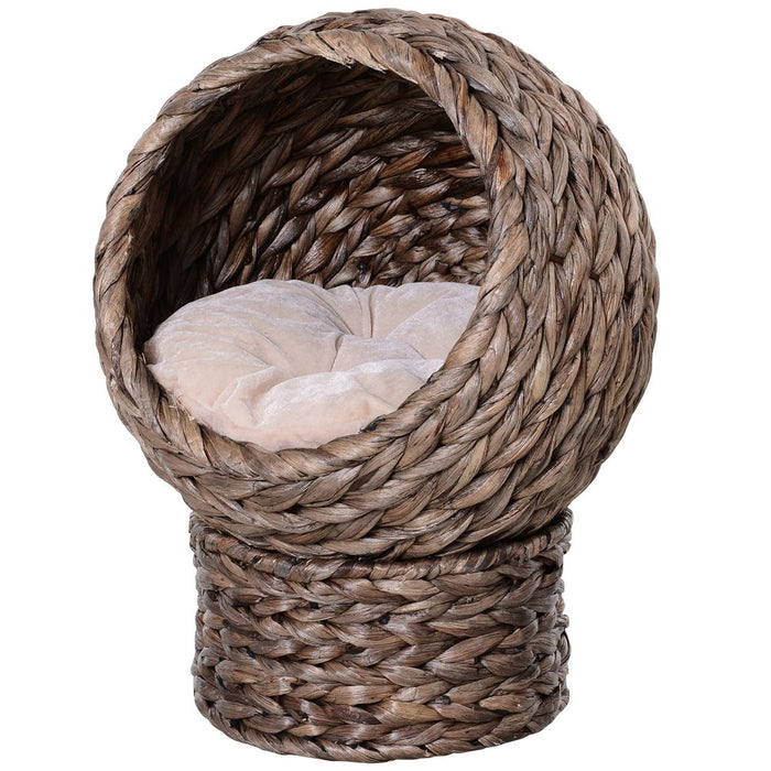 Wicker Cat House, Raised Cat Bed - Brown, 42 x 33 x 52cm. Comfortable, Stable & Durable - Removable/Washable Cushion. Free Air Circulation.