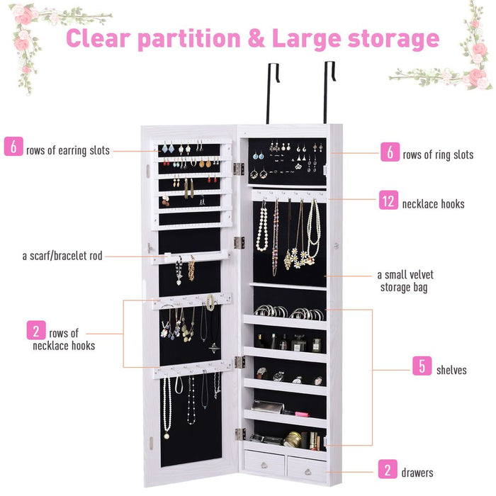 Lockable Hanging Mirrored Jewel Cabinet w/ LED, White - Spacious & Organized