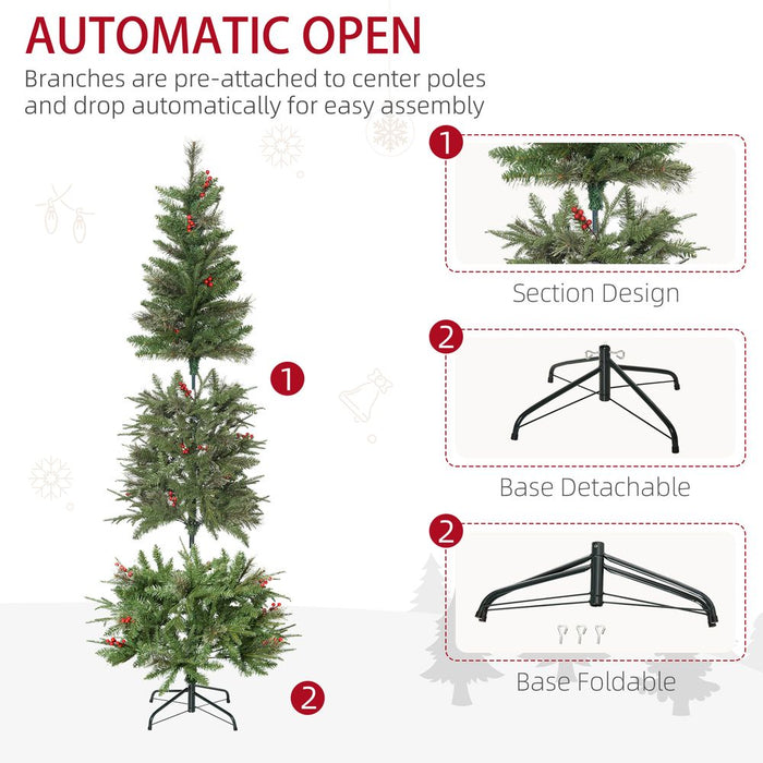 6ft Artificial Christmas Tree Holiday with Pencil Shape, Berries HOMCOM