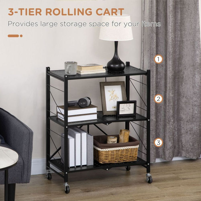 Foldable 3-Tier Storage Trolley Rolling Cart - 68x34.5x85.5cm - Kitchen Organizer