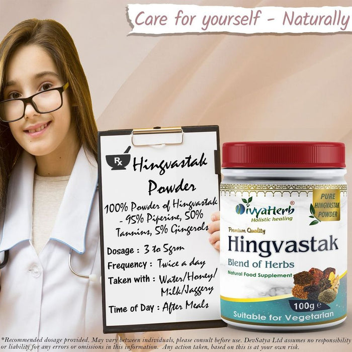 Hingvastak Powder - Ayurvedic Herbal Mix with 8 Ingredients, Asafoetida, Trikatu, Ajwain, Rock Salt, and More