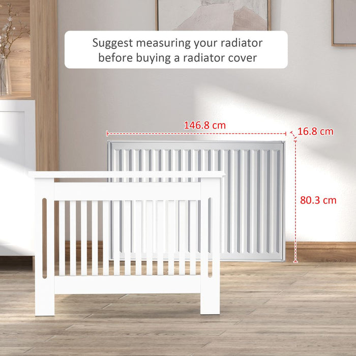 Premium White MDF Radiator Cover - Heat Efficient Slatted Cabinet - 152x19x81cm