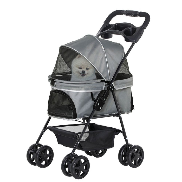 PawHut Pet Stroller: No-Zip, Foldable, Travel Carriage with Brake, Basket, Adjustable Canopy