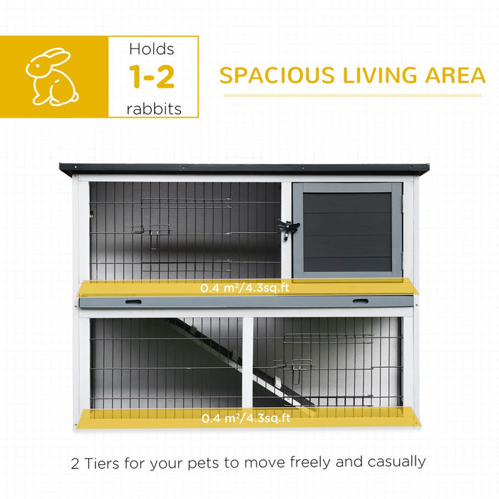 PawHut 2-Tier Wooden Rabbit Hutch Guinea Pig House Bunny Cage Backyard w/Openable Roof Small Animal House for Outdoor Grey, 108 x 45 x 78 cm