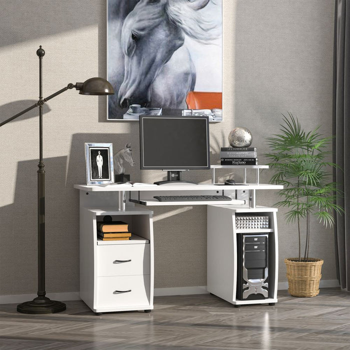 Premium HOMCOM Modern White Computer Office Desk - Spacious Workstation with Keyboard Tray and Drawer