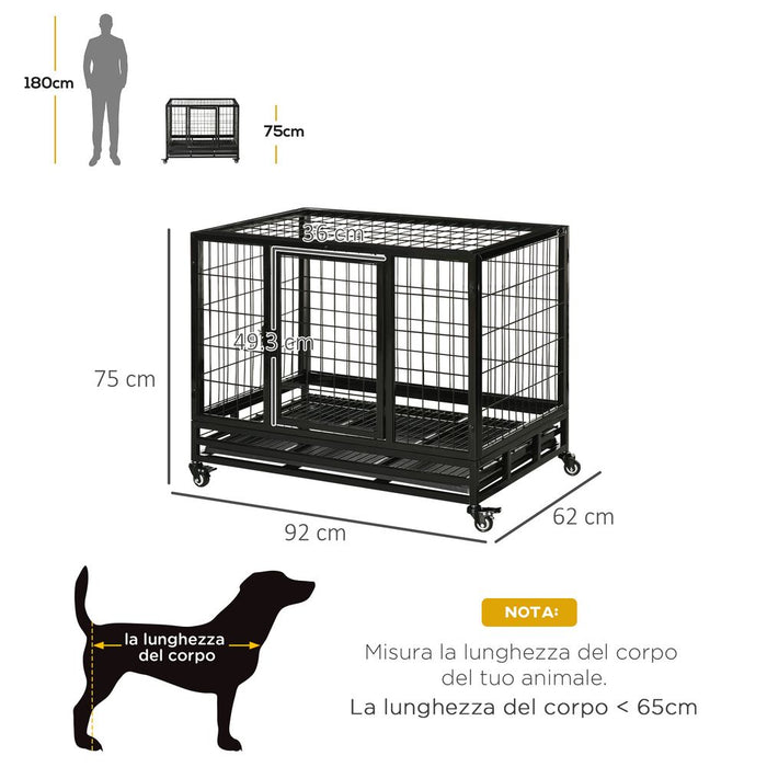 Dog Cage Pet Metal Heavy Duty with Wheels and Crate Tray for Kennel Black M L