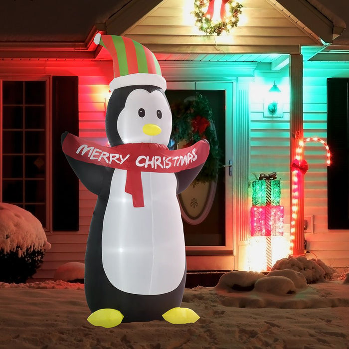 HOMCOM 8ft Inflatable Penguin & Christmas Banner Decoration w/Inner LED Lights Indoor Outdoor Weather-Resistant Shell Fun Cute