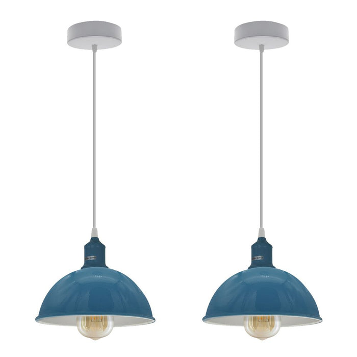 Vibrant Cyan Blue Metal Lamp Shade Pendant Light - 2 Pack, 21cm, Sturdy, Spray Painted, White Interior