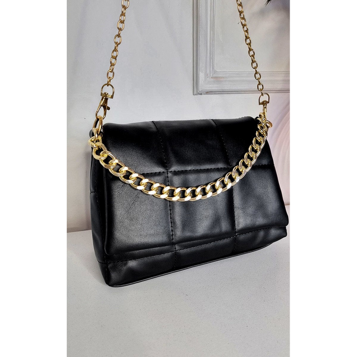 Faux Leather Padded Handbag with Chain Detail