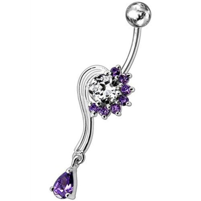 Fancy Flower With Teardrop Jeweled Dangling Navel Body Ring