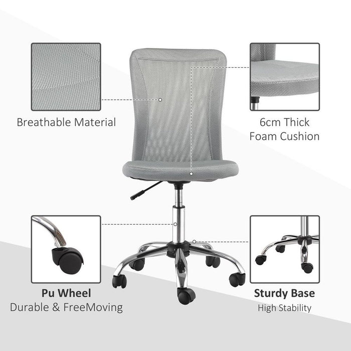 Ergonomic Armless Office Chair | Padded, Height Adjustable, Mesh Back, 5 Wheels