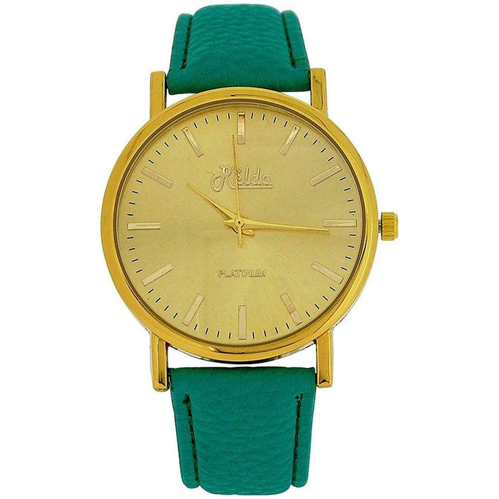 Relda Women Analogue Gold Dial & Green Leather Strap Watch