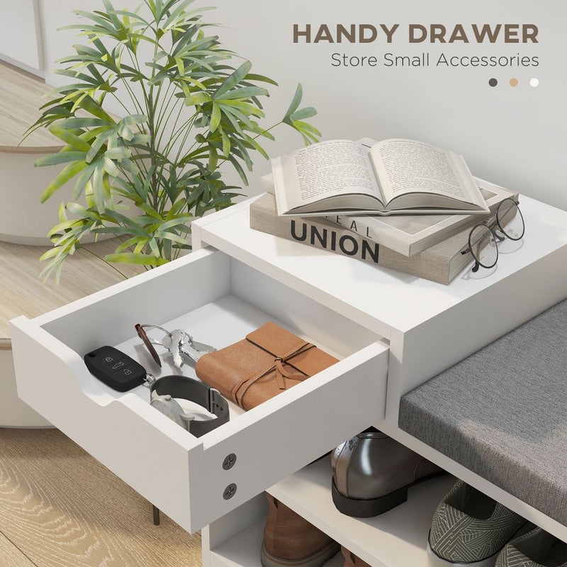 HOMCOM Upholstered Entryway Shoe Bench with Storage Drawer Open Shelf White