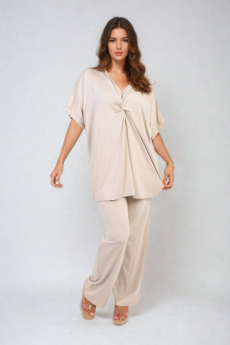 Effortless Elegance: Tiana Twist Front Plunge Neckline Top and Trouser Co-ord Set