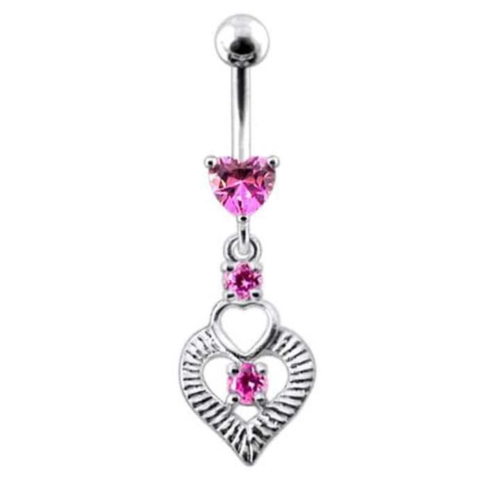 Silver Fancy Heart Jeweled Heart Dangling Banana Belly Ring