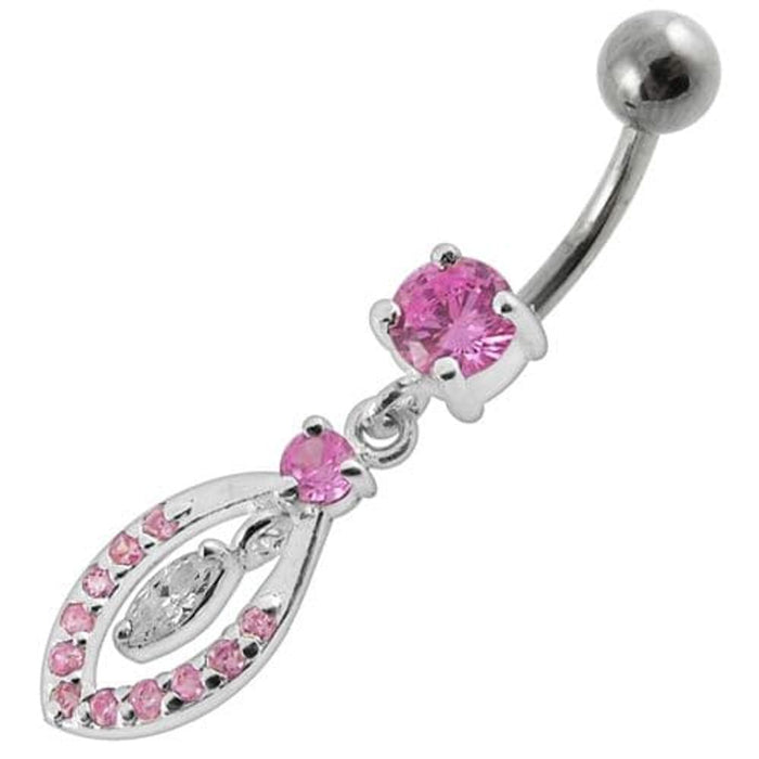 Jeweled Fancy Silver Dangling SS Bar Banana Belly Ring