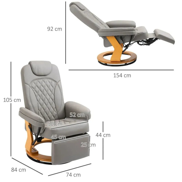 PU Recliner Lounge Chair with Footrest Headrest Wood Base for Home Office Grey