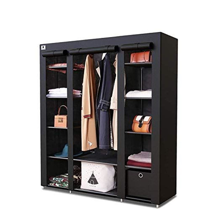 Knight Triple Canvas Wardrobe Shelving Clothes Storage - Large Portable Free Standing with Hanging Rail & Cubic Drawer (Black)