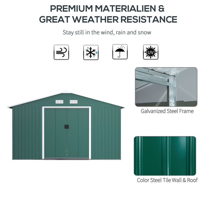 Durable Green Metal Storage Shed with Vent & Doors - 13ft x 11ft