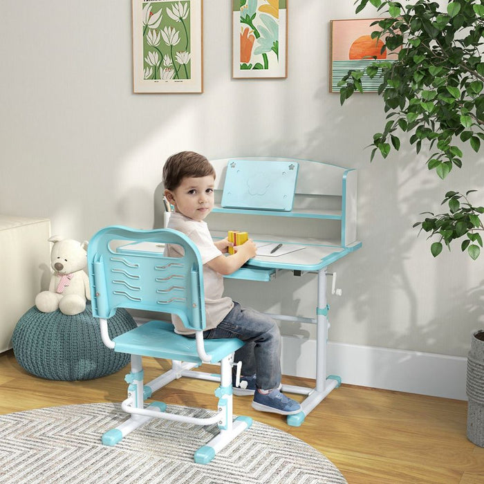 ZONEKIZ Height Adjustable Kids Desk and Chair Set, with Drawer, Bookshelf, Blue