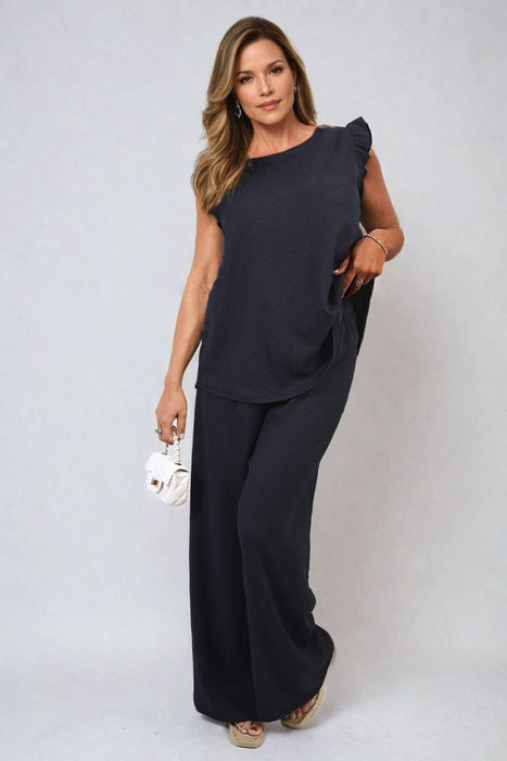 Effortlessly Elegant Ruffle Trim Top and Wide Leg Trouser Co-ord Set