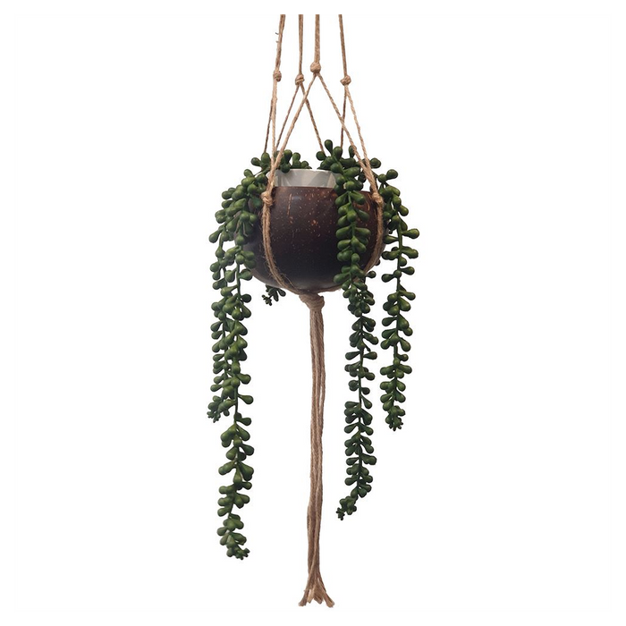 Vie Naturals Coconut Shell Pot Holder with Jute Macrame Rope for Hanging - Eco-Friendly & Sturdy - Brown