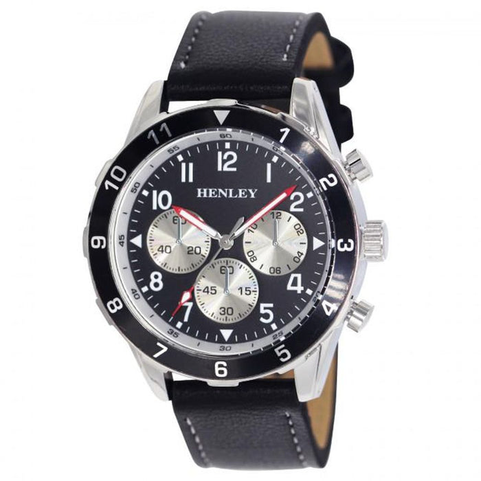 Henley Mens Multi Eye Classic Black Dial Watch. Black Sports Leather Strap. Best Quality. Deluxe Gift Box.