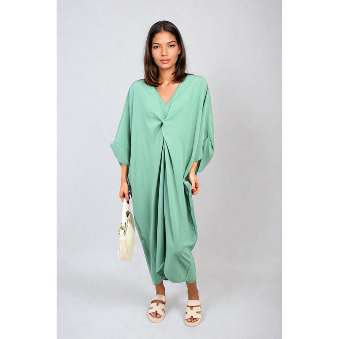 Twist Front Plunge Neckline Relaxed Fit Midi Dress