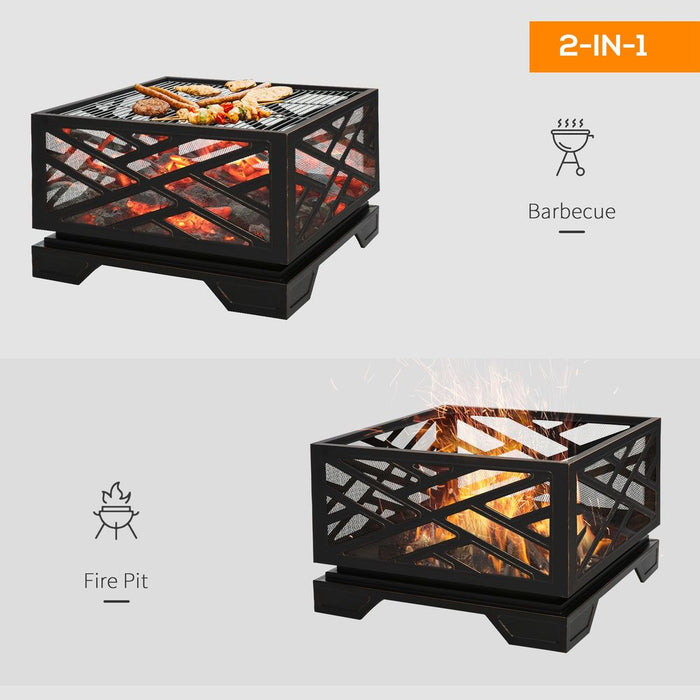 Premium 66cm Square Fire Pit BBQ - Metal Brazier, Screen Cover, Poker - Black