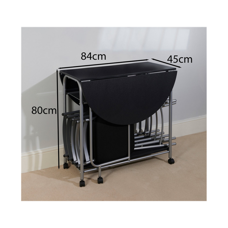 Greenhurst Stowaway Dining Set, Drop Down Table & 4 Folding Chairs, Max Table Size: L115 x D84 x H80cm (Black and Silver)