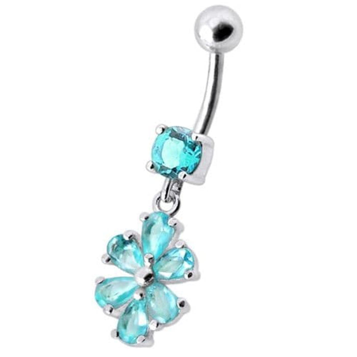 Fancy  Flower Jeweled Silver Dangling With SS Bar Navel Ring