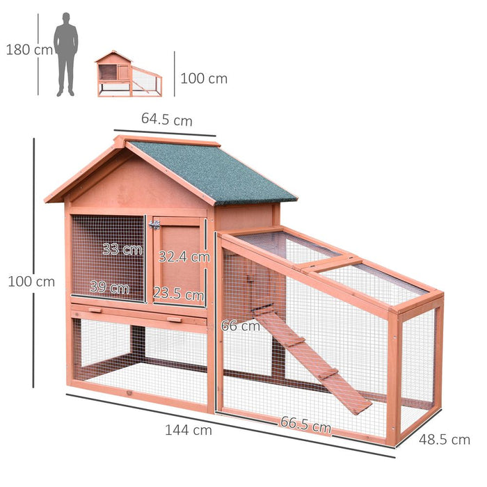 Premium 2 Tier Wood Rabbit Hutch - Waterproof Roof & Ramp - 144 x 64.5 x 100 cm