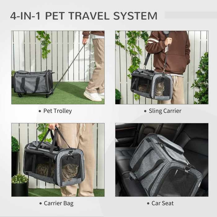 Convenient 4-in-1 Pet Carrier On Wheels for Cats & Small Dogs - Grey