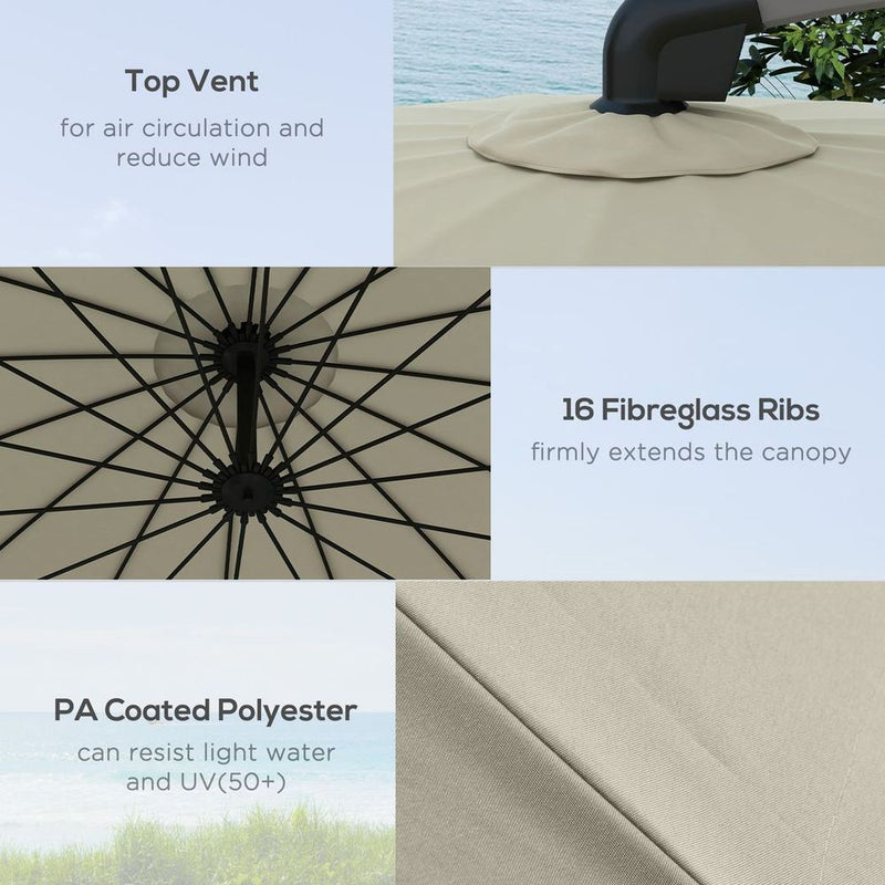 Outsunny 2.7m Cantilever Parasol - Crank Handle, 16 Ribs, UV50+, Beige