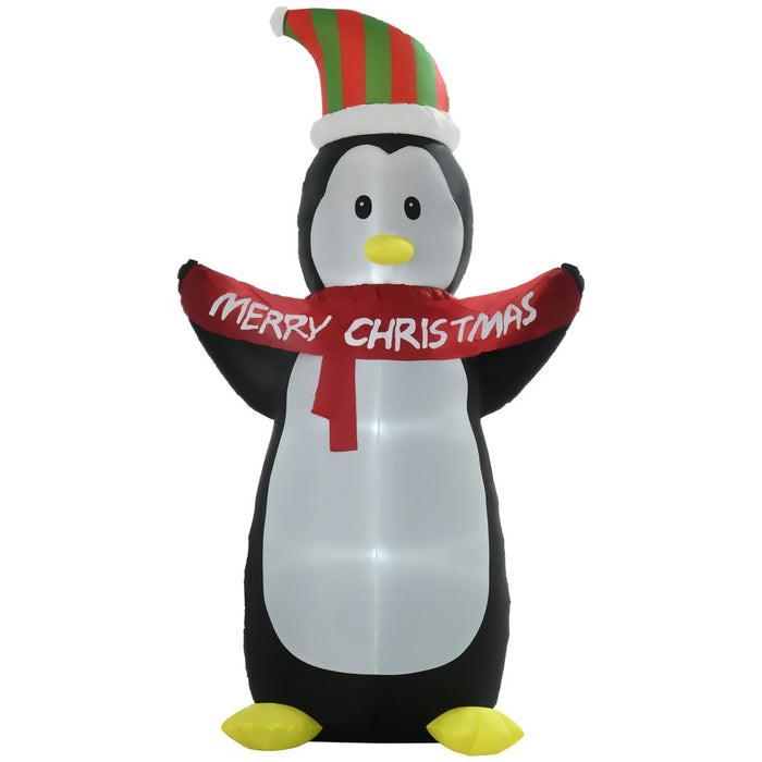 HOMCOM 8ft Inflatable Penguin & Christmas Banner Decoration w/Inner LED Lights Indoor Outdoor Weather-Resistant Shell Fun Cute