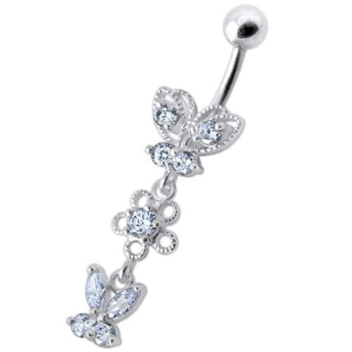 Fancy Design Multi Jeweled Dangling SS Bar Navel Ring