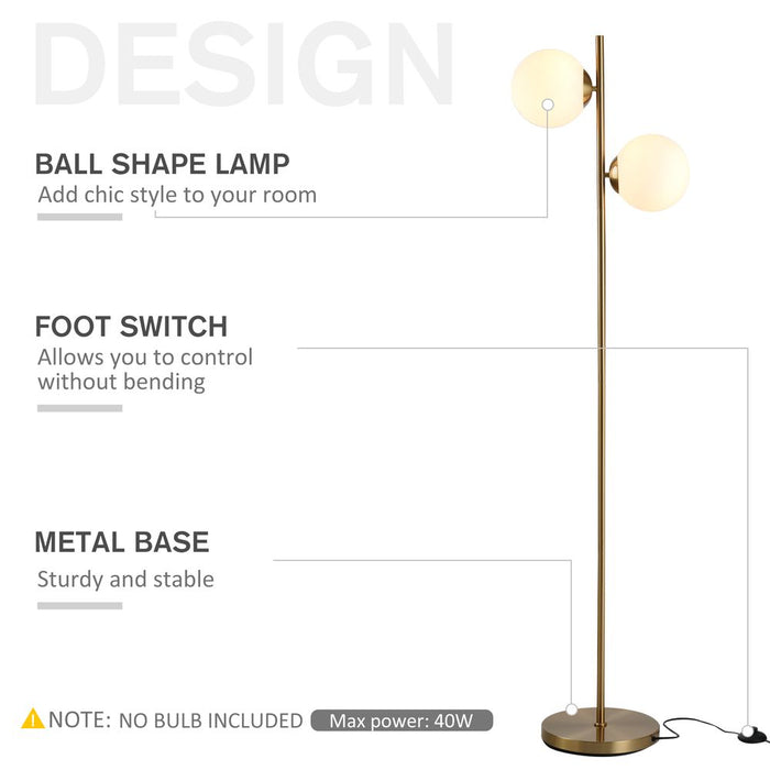 HOMCOM 2 Lights Tree Floor Lamp for Living Room with Globe Lampshade, Standing Lamp for Bedroom, (Bulb not Included), Gold Tone