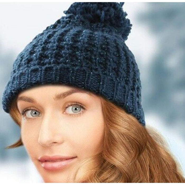 Stylish Ladies Winter Knitted Beanie with Pom Pom - Grey or Blue