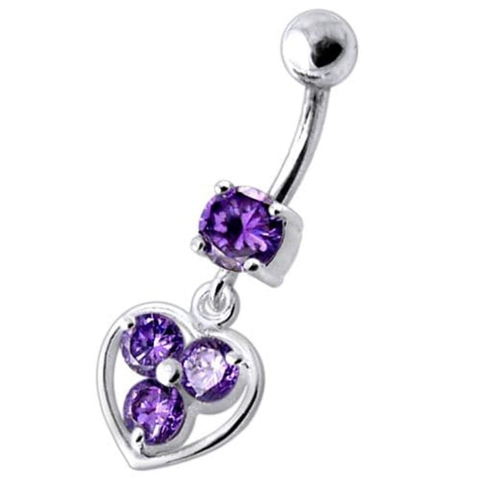 Jeweled Silver Heart Dangling SS Curved Bar Banana Belly Ring