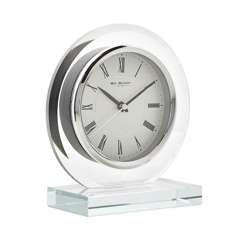 Wm.Widdop Round Glass Mantel Clock - Contemporary Design, Silver Bezel, Roman Numeral Dial - Perfect Gift, Long-lasting Style