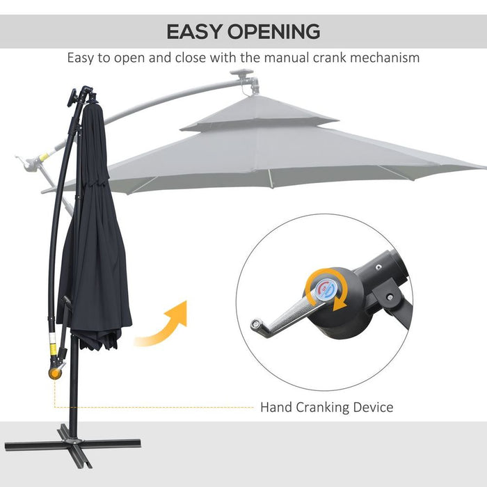 Premium Outsunny 3m Cantilever Umbrella - Hanging Banana Design - Solar LED Lights - Black, High Quality