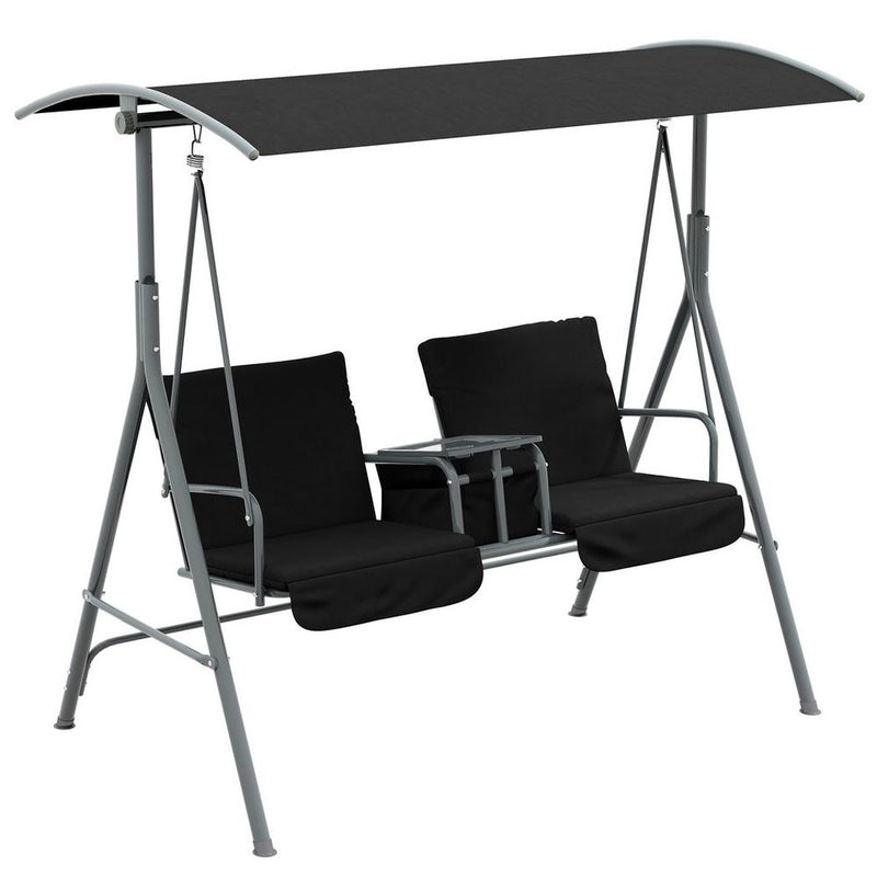 Outsunny 2 Person Patio Swing w/ Table & Storage - Black. Strong, Comfortable, Weather-Resistant. Easy Assembly. 220kg Capacity