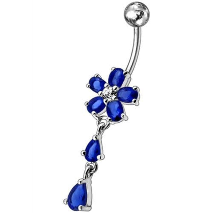 Fancy Jeweled Flower With Silver Dangling SS Bar Navel Ring