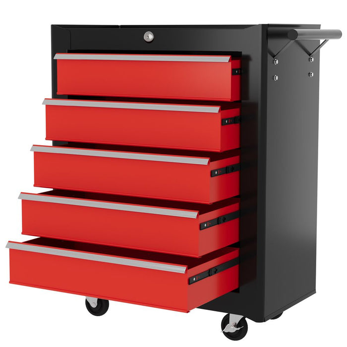 HOMCOM 5-Drawer Tool Chest Steel Lockable Tool Storage Cabinet w/ Wheels Red