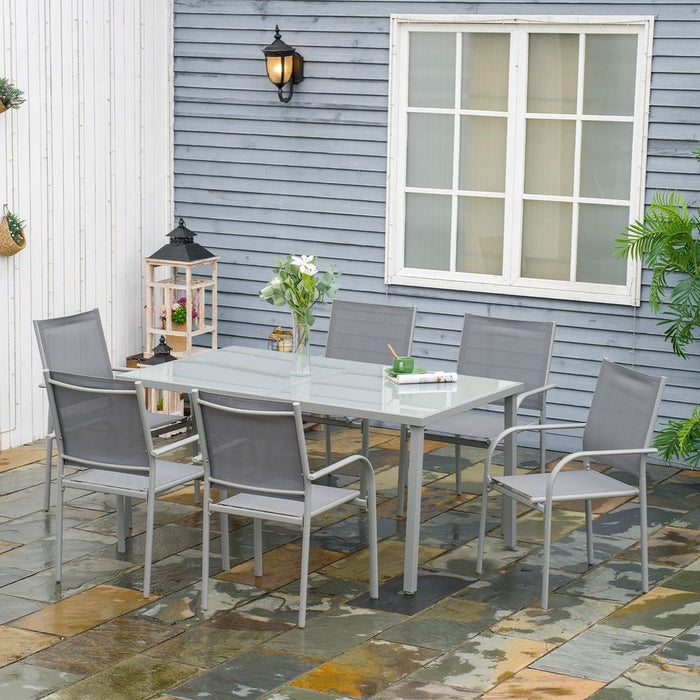 Outsunny 7 Piece Garden Dining Set, Steel Outdoor Table and Chairs, Grey