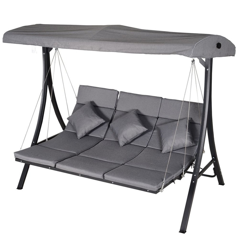 Outsunny Steel Pipe Garden Swing Chair | 3-Seater | Grey | Weather-resistant | Adjustable Canopy | 270kg Capacity