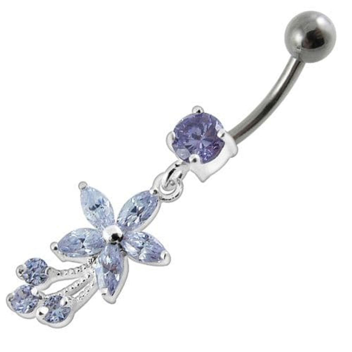 Fancy Flower With Stone Dangling SS Curved Belly Ring